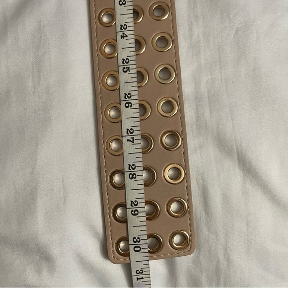 Beige faux leather three row grommet square buckle elastic waistband belt - Picture 7 of 8